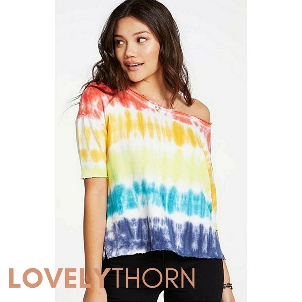 CHASER // ltd ed shrt sleeve super soft off shoulder rainbow pullover sweatshirt